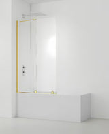 Posuvná vanová zástěna SAT Walk-In Xmotion 150x117,5 cm z čirého skla se zlatým lesklým profilem.