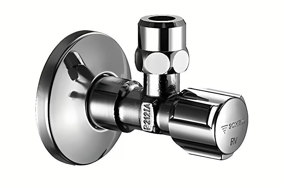 Chromový rohový ventil Schell Comfort s dvojitou zpětnou klapkou a rukojetí Comfort.