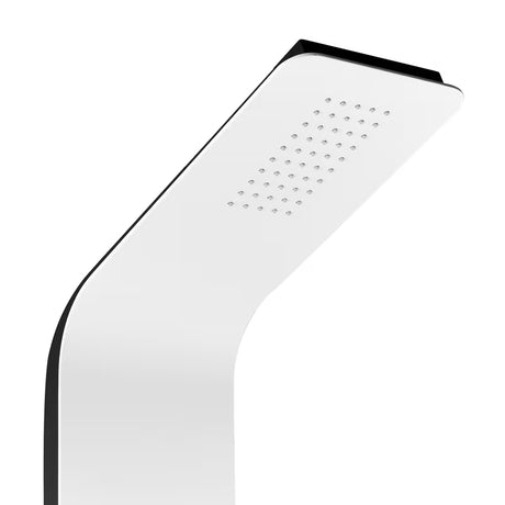 Bílý sprchový panel SIKO Alushower se 4 funkcemi včetně hlavové a ruční sprchy, vodopádu a masážních trysek.