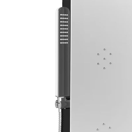 Bílý sprchový panel SIKO Alushower se 4 funkcemi včetně hlavové a ruční sprchy, vodopádu a masážních trysek.