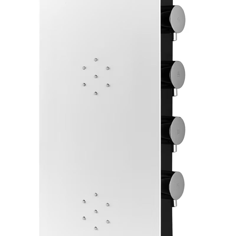 Bílý sprchový panel SIKO Alushower se 4 funkcemi včetně hlavové a ruční sprchy, vodopádu a masážních trysek.