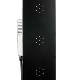 Černý sprchový panel SIKO se 4 funkcemi včetně hlavové a ruční sprchy, vodopádu a masážních trysek.