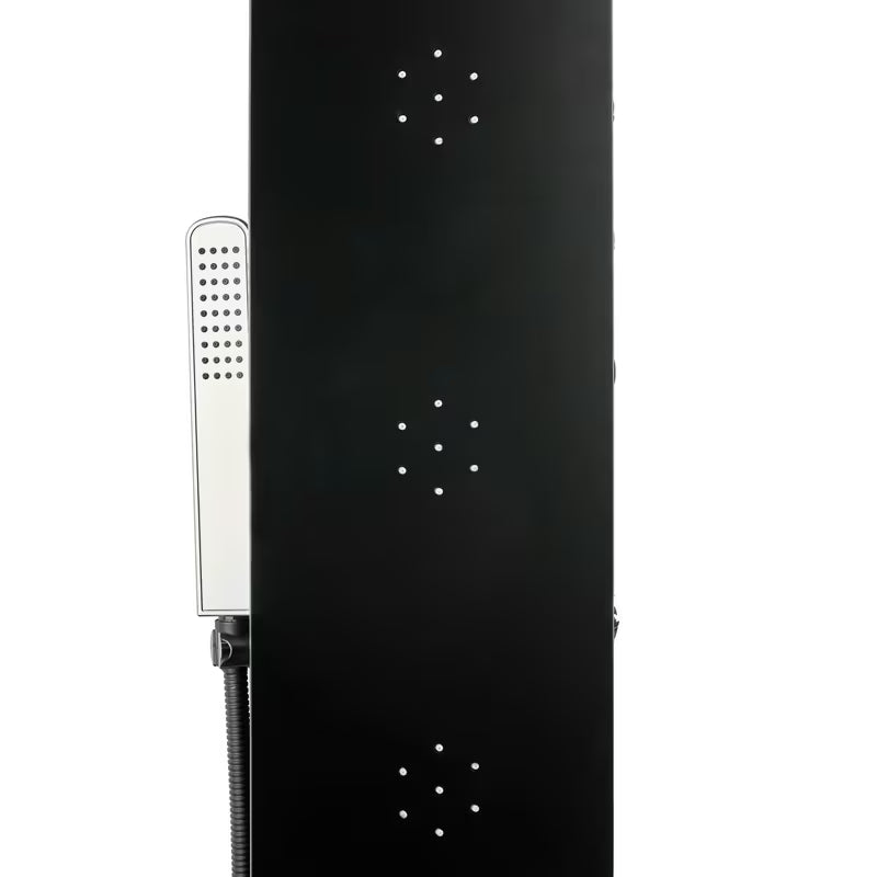 Černý sprchový panel SIKO se 4 funkcemi včetně hlavové a ruční sprchy, vodopádu a masážních trysek.