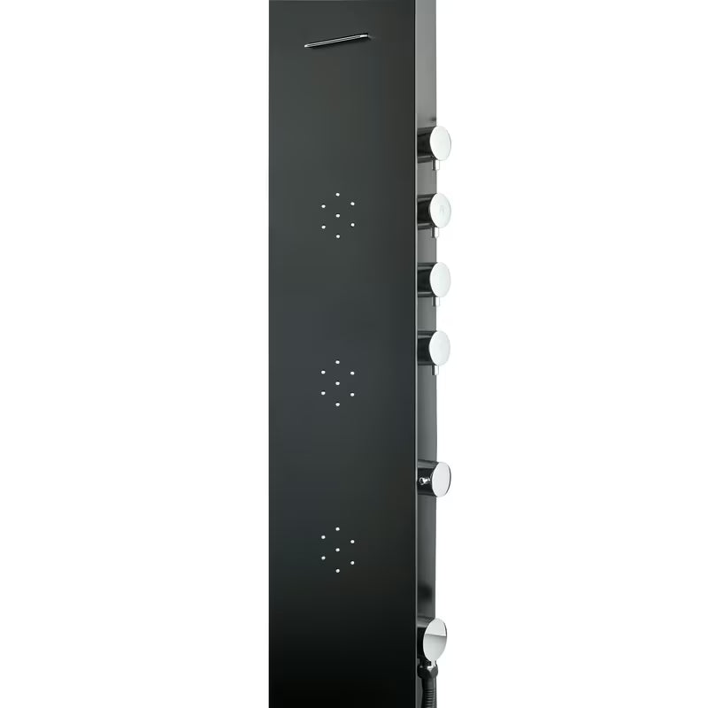 Černý sprchový panel SIKO se 4 funkcemi včetně hlavové a ruční sprchy, vodopádu a masážních trysek.