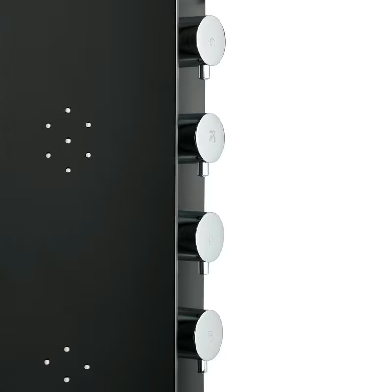 Černý sprchový panel SIKO se 4 funkcemi včetně hlavové a ruční sprchy, vodopádu a masážních trysek.