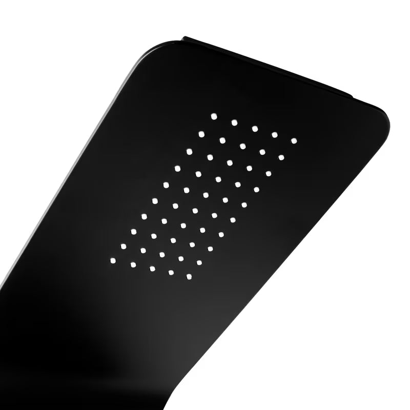 Černý sprchový panel SIKO se 4 funkcemi včetně hlavové a ruční sprchy, vodopádu a masážních trysek.