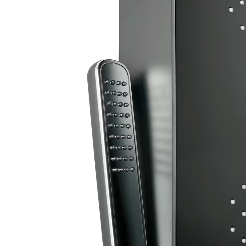 Černý sprchový panel SIKO se 4 funkcemi včetně hlavové a ruční sprchy, vodopádu a masážních trysek.