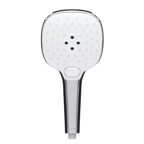 Bílá ruční sprcha SIKO s chromem, průměr 12 cm, se 3 proudy a tlačítkem pro přepínání.