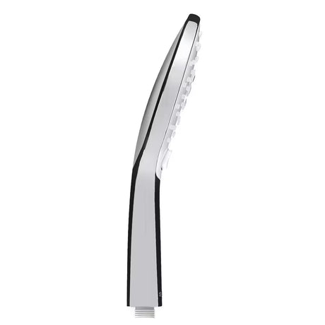 Bílá ruční sprcha SIKO s chromem, průměr 12 cm, se 3 proudy a tlačítkem pro přepínání.