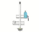 Dušo lentynėlė Simplehuman Shower caddy iš nerūdijančio plieno medžiagų su reguliuojamomis lentynėlėmis ir siurbtukais pro stabiliam tvirtinimui.