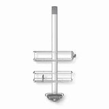 Dušo lentynėlė Simplehuman Shower caddy iš nerūdijančio plieno medžiagų su reguliuojamomis lentynėlėmis ir siurbtukais pro stabiliam tvirtinimui.