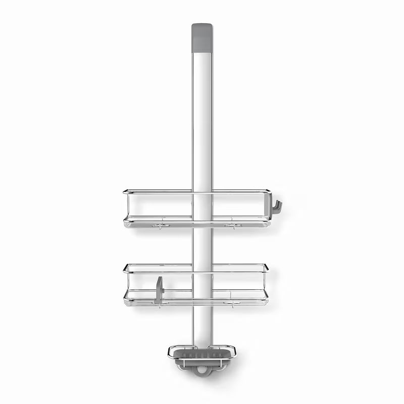 Dušo lentynėlė Simplehuman Shower caddy iš nerūdijančio plieno medžiagų su reguliuojamomis lentynėlėmis ir siurbtukais pro stabiliam tvirtinimui.
