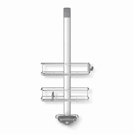 Sprchová polička Simplehuman Shower caddy z nerezových materiálů s posuvnými policemi a přísavkami pro stabilní uchycení.