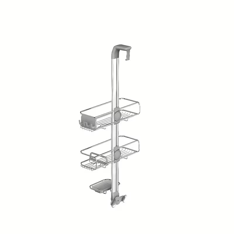 Dušo lentynėlė Simplehuman Shower caddy iš nerūdijančio plieno medžiagų su reguliuojamomis lentynėlėmis ir siurbtukais pro stabiliam tvirtinimui.