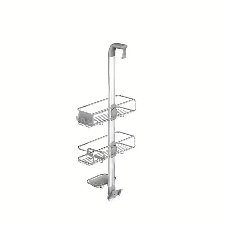 Sprchová polička Simplehuman Shower caddy z nerezových materiálů s posuvnými policemi a přísavkami pro stabilní uchycení.