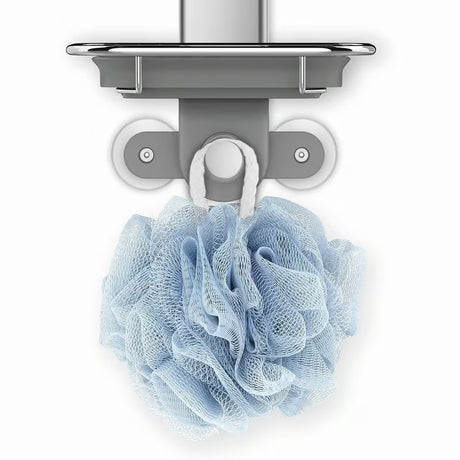 Sprchová polička Simplehuman Shower caddy z nerezových materiálů s posuvnými policemi a přísavkami pro stabilní uchycení.