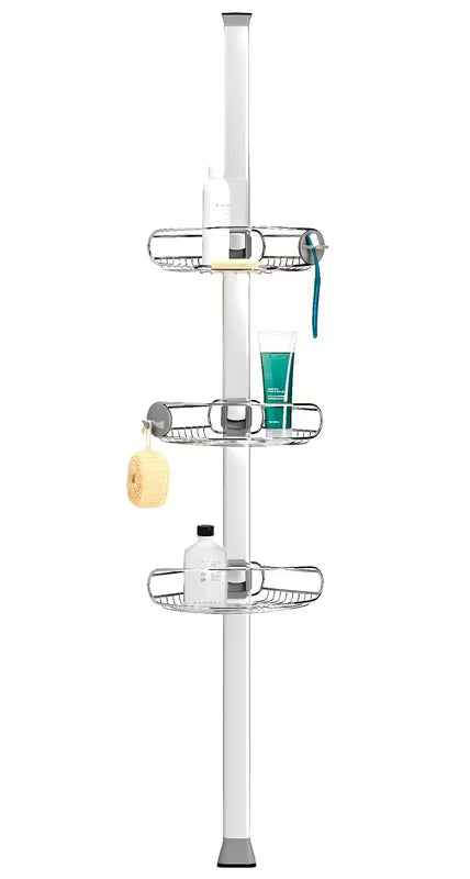 Nastavitelná sprchová tyč Simplehuman Shower caddy s drátěnými poličkami do rohu v nerezovém provedení.