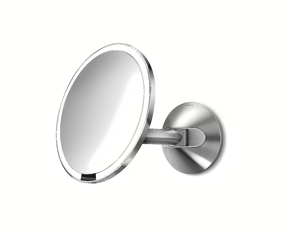 Nástěnné kosmetické zrcátko Simplehuman Wall z kartáčované nerezové oceli s Tru-lux LED osvětlením.
