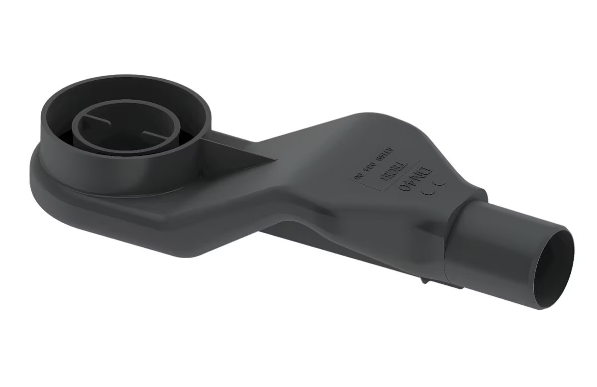 Ultra-nízký sifon Tece Drainline s bočním odpadem DN 40 a odnímatelnou zápachovou uzávěrkou.