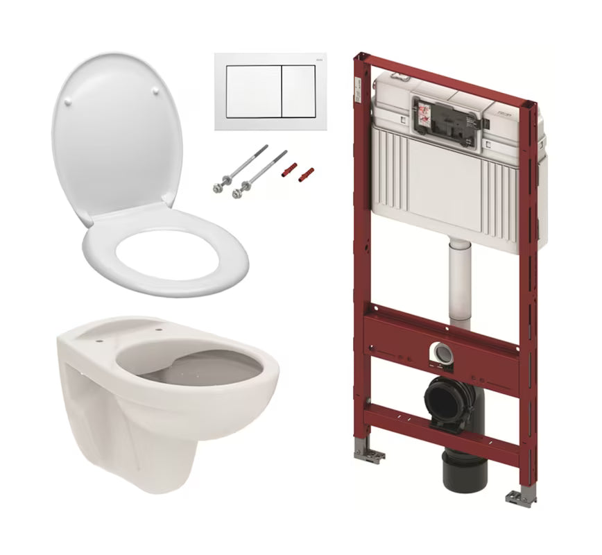 Akční závěsný WC set TECE 5v1 s podomítkovou nádrží, bílým tlačítkem TECEbase, rimless WC a sedátkem SoftClose