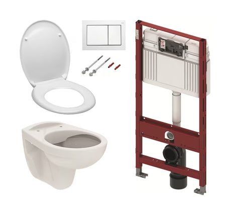 Akční závěsný WC set TECE 5v1 s podomítkovou nádrží, bílým tlačítkem TECEbase, rimless WC a sedátkem SoftClose