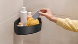 Rohová sprchová polička Tesa v matné černé barvě s montáží bez vrtání pomocí Powerstrips Waterproof.