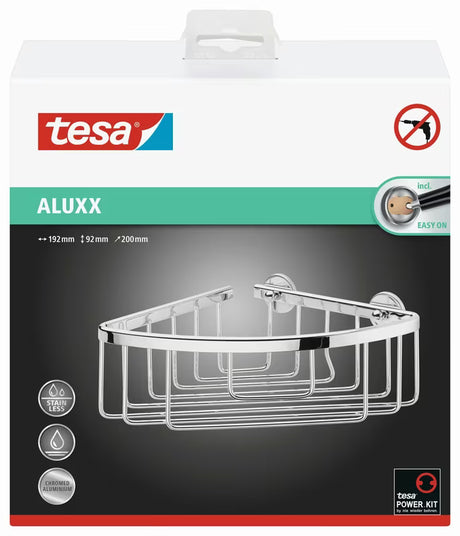Rohový drátěný sprchový košík Tesa Aluxx v lesklém chromu se samolepicí montáží bez vrtání.
