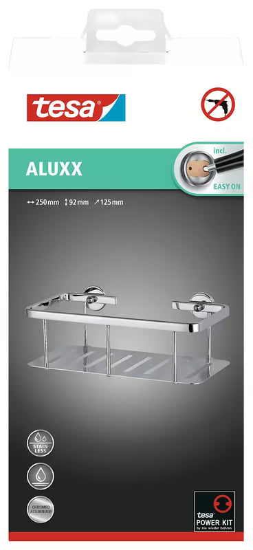 Sprchový košík tesa Aluxx v chromu s pevným dnem a montáží bez vrtání