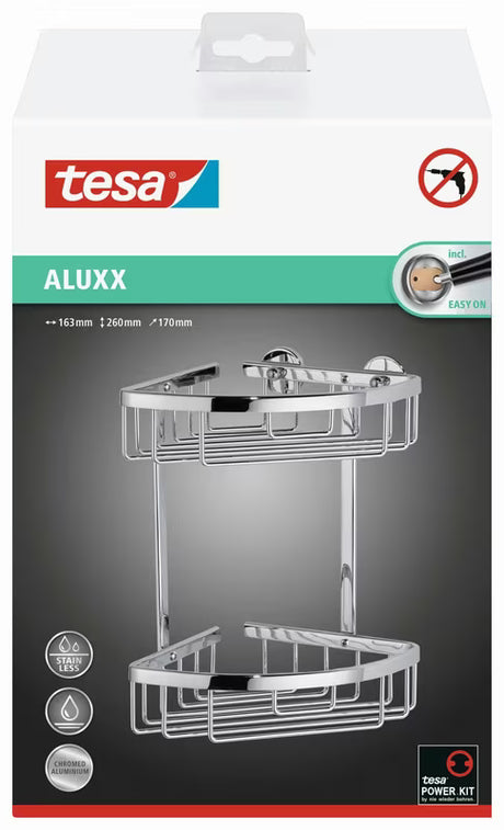 Chromový rohový drátěný košík Tesa Aluxx do sprchy s montáží bez vrtání tesa Power.Kit.
