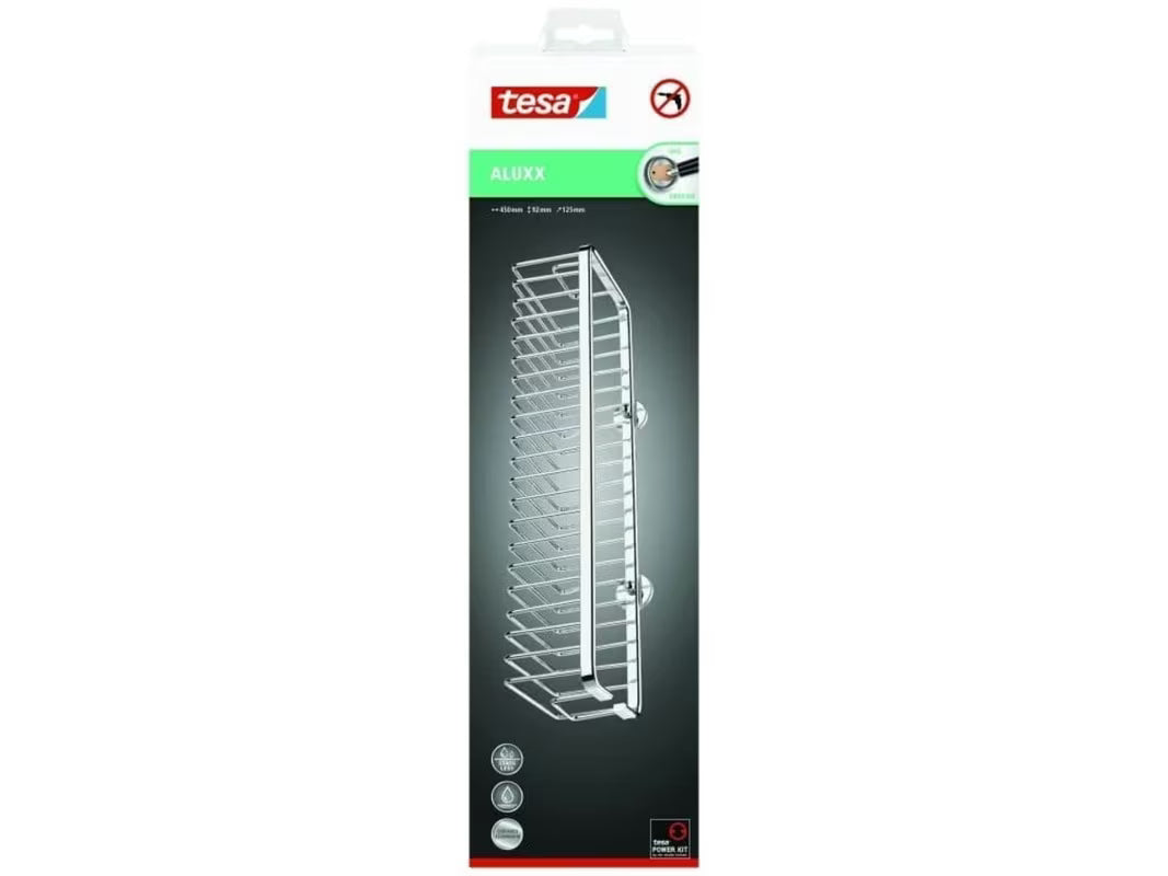 Chromový široký košík do sprchy Tesa Aluxx s montáží bez vrtání pomocí technologie tesa® Power.Kit.