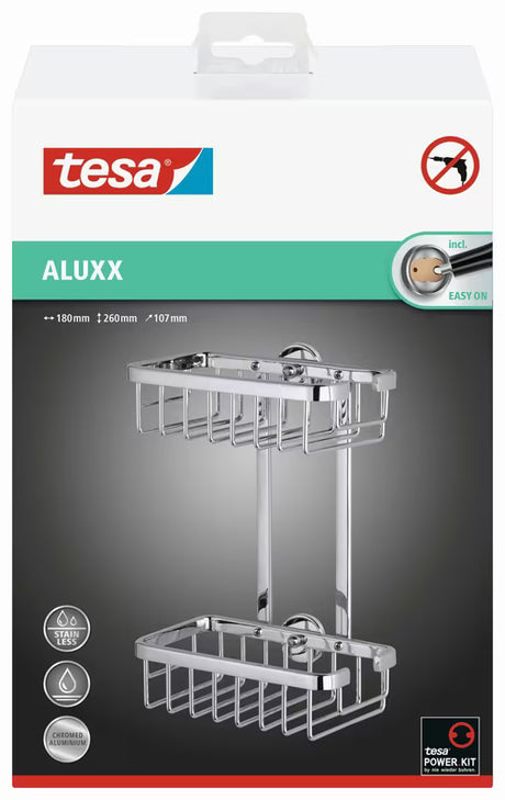 Chromovaný sprchový košík Tesa Aluxx pro uložení toaletních potřeb, montáž bez vrtání