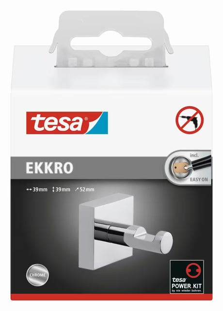 Chromový samolepicí háček Tesa Ekkro s hranatým designem pro zavěšení ručníků bez vrtání.