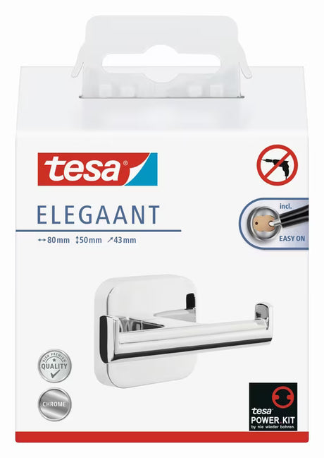 Dvojitý nástěnný háček Tesa Elegaant v lesklém chromu pro zavěšení ručníků a županů bez vrtání.