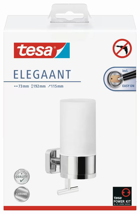Chromový nástěnný dávkovač mýdla Tesa Elegaant s nádobkou z matného skla a ovládáním jednou rukou.