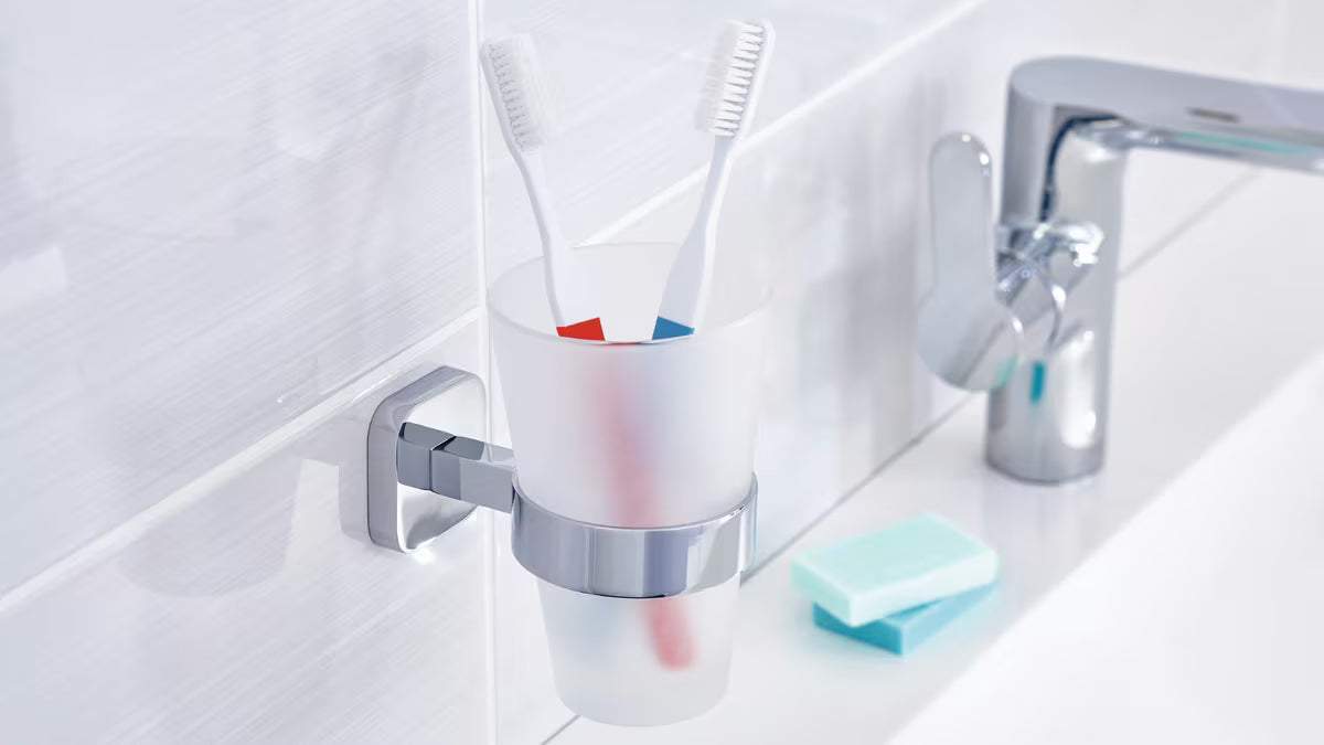 Chromový držák skleničky a kartáčků Tesa Elegaant s pohárkem z matného skla na stěnu