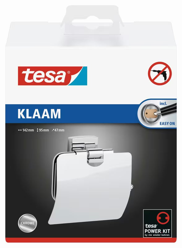 Chromový hranatý držák toaletního papíru Tesa Klaam s montáží bez vrtání pomocí tesa Power.Kit.