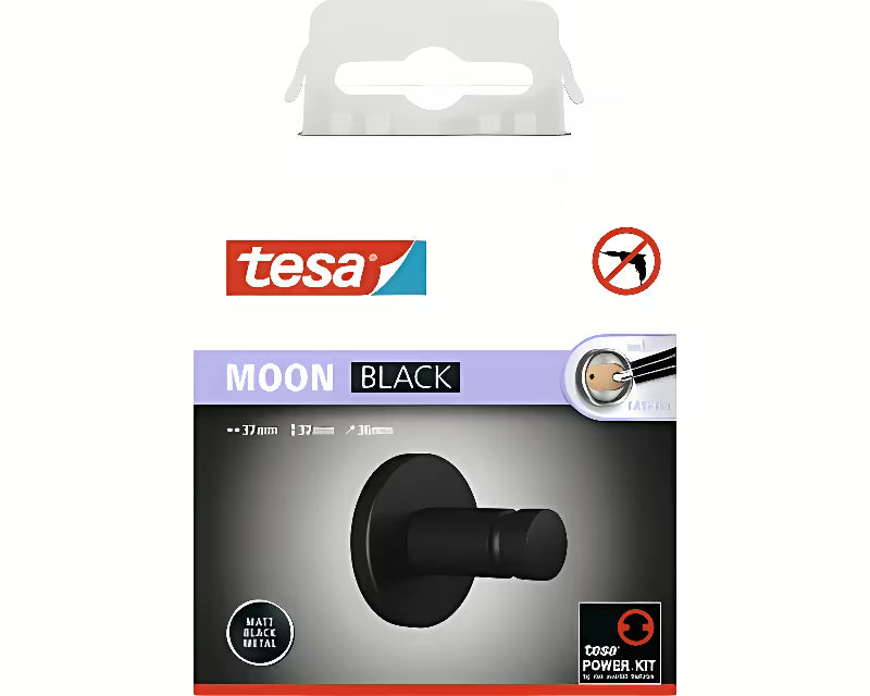 Matně černý háček na ručníky Tesa Moon Black s lepicí montáží Tesa Power.Kit bez vrtání