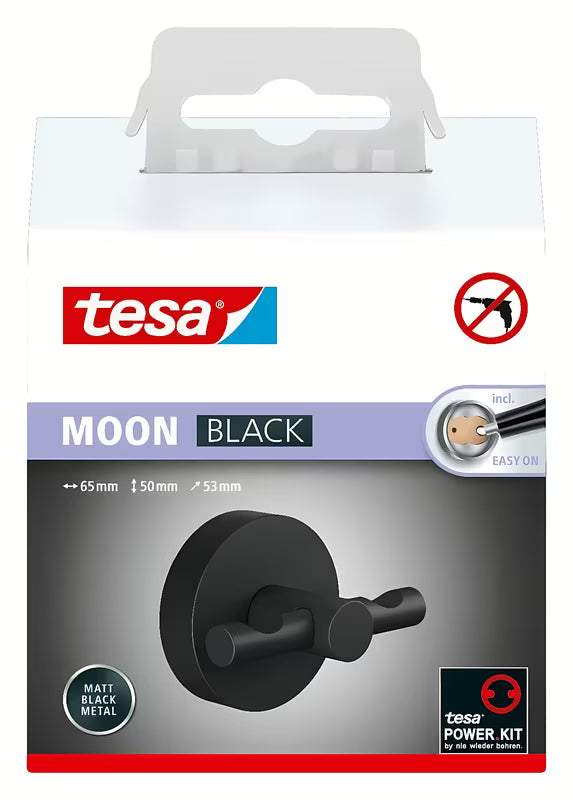 Matně černý koupelnový háček Tesa Moon Black s lepicí montáží bez vrtání