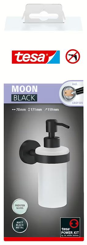 Tesa Moon Black dávkovač mýdla ze saténového skla s matně černým držákem pro montáž bez vrtání