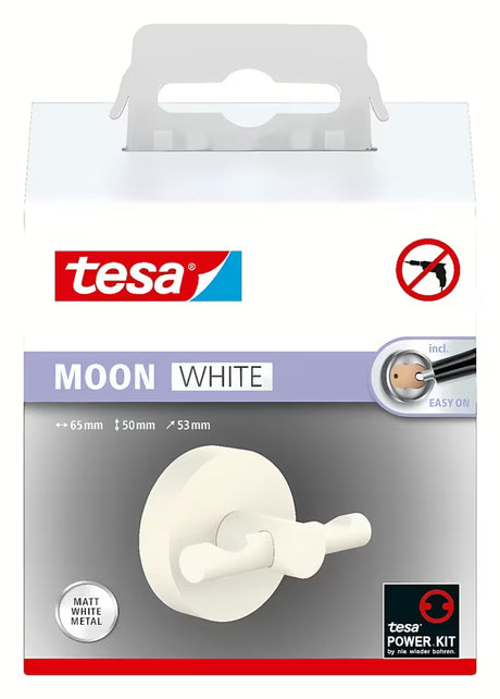 Matně bílý koupelnový háček Tesa Moon Black pro zavěšení županu s montáží bez vrtání