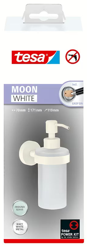 Bílý dávkovač mýdla Tesa Moon Black ze saténového skla s držákem pro montáž bez vrtání