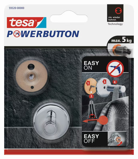 Chromový háček Tesa PowerButton pro montáž bez vrtání na obklady a další hladké povrchy.