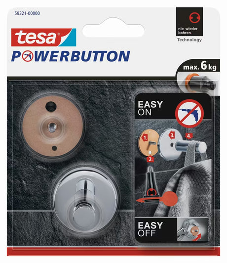 Chromovaný háček Tesa PowerButton bez vrtání pro koupelnu a kuchyň