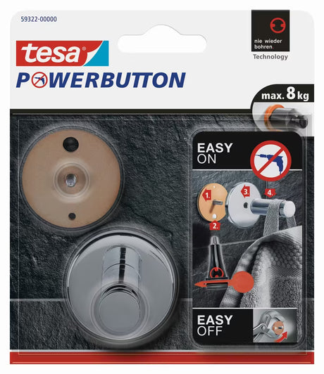 Pochromovaný háček Tesa PowerButton pro montáž bez vrtání na hladké povrchy do koupelny i kuchyně.