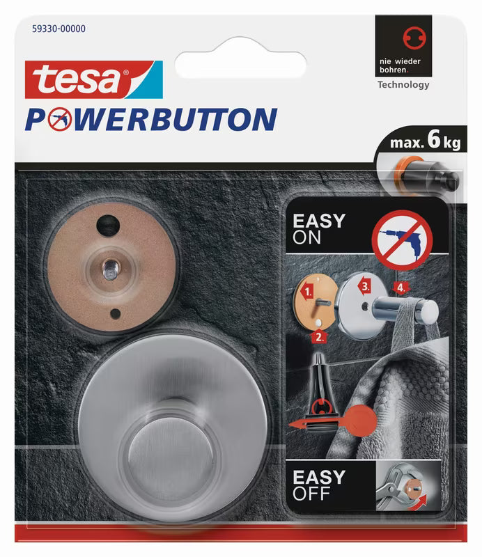 Tesa PowerButton Classic kovový háček z kartáčované oceli pro montáž bez vrtání na obklady.