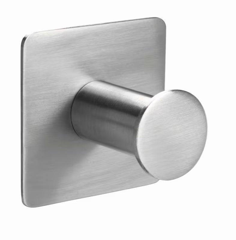 Háček Tesa PowerButton Classic z kartáčované nerezové oceli pro montáž bez vrtání.