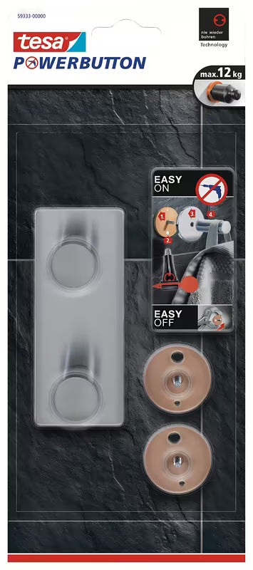 Dvojháček Tesa PowerButton z kartáčované nerezové oceli pro montáž bez vrtání na tvrdé povrchy.