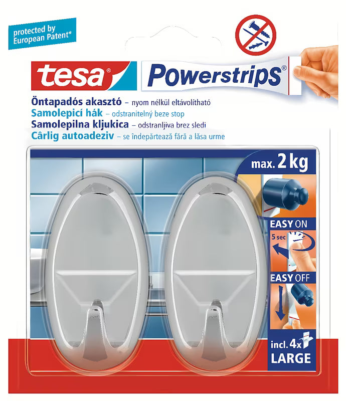 Velké samolepicí háčky Tesa Powerstrips s chromovým vzhledem pro montáž bez vrtání
