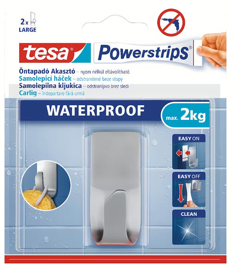 Voděodolný nerezový háček Tesa Powerstrips pro zavěšení ručníků a doplňků bez vrtání.