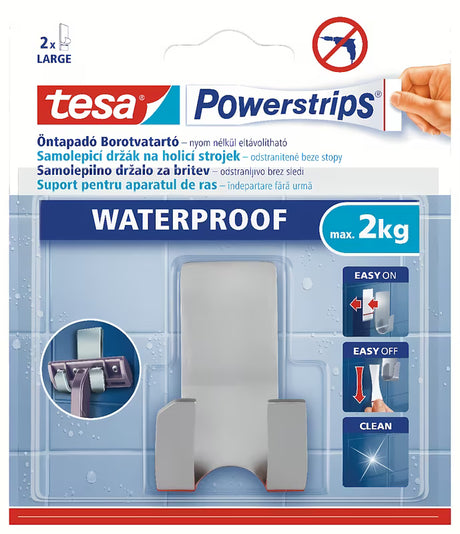 Tesa Powerstrips voděodolný nerezový dvojháček pro zavěšení holicího strojku bez vrtání.